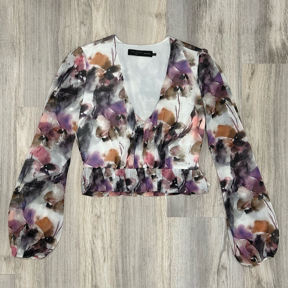 House of Harlow 1960 Cropped Water Color Long Sleeve Cropped Peplum Top Size XS